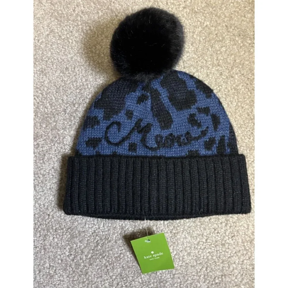 Kate Spade Poms Blue Black Beanie Hat Leopard Meow Retail $59